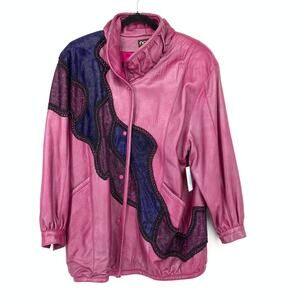 Vintage 80s Norma Canada Leather Jacket Womens Sz PXS Pink Blue Purple Applique